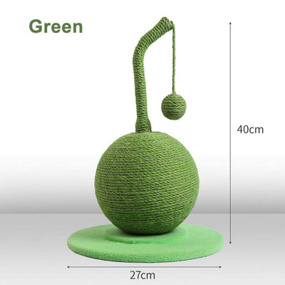 Green sisal cat scratching post with a spherical base, curved post, and dangling ball toy on a round felt base. - Image 4
