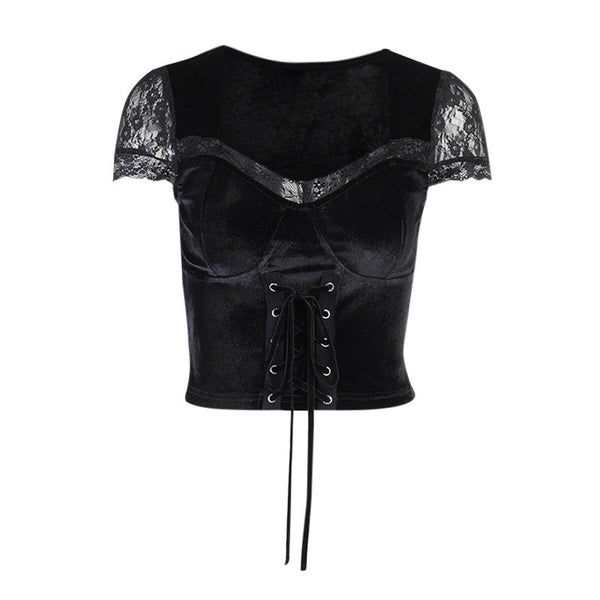Blusa Elegante de Encaje y Gamuza con Cuello Cuadrado Manga Corta