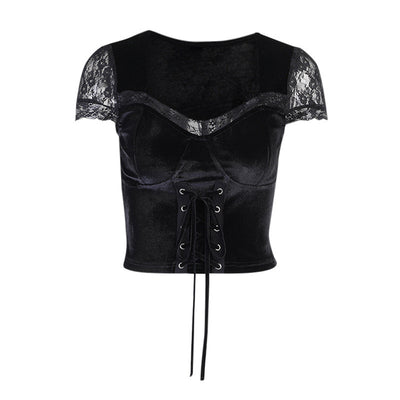 Blusa Elegante de Encaje y Gamuza con Cuello Cuadrado Manga Corta - Image 2