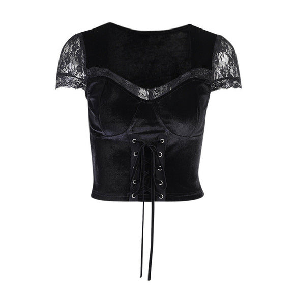 Blusa Elegante de Renda e Camurça com Decote Quadrado e Manga Curta