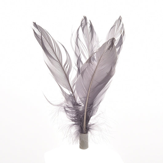 White pet tumbler cat toy with grey feathers on top and fish patterns on the spherical base. - Image 5
