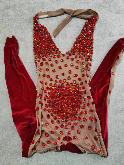 Traje de Presentación Elástico Gris Terciopelo con Cristales Brillantes para Mujer - Image 15