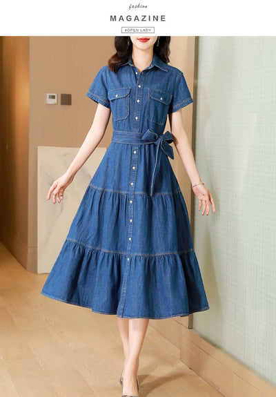 Vestido Camisero de Algodón con Falda Larga y Detalle Denim - Image 8