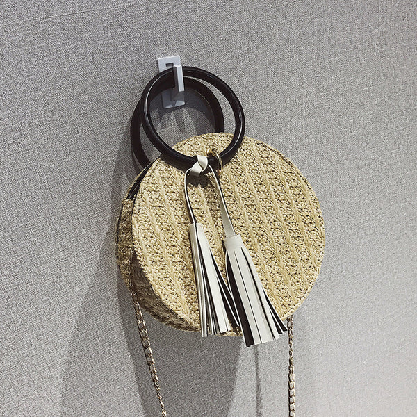 Bolsa de Hombro Redonda de Paja Coreana - Diseño Minimalista