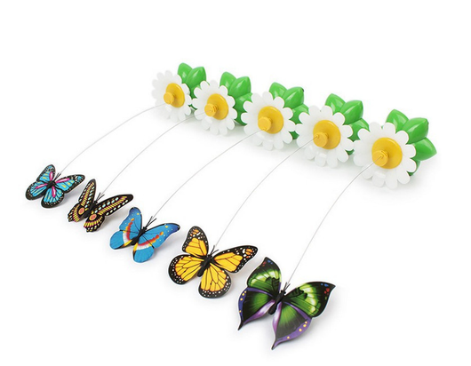Electric pet toy with a row of white and yellow daisy flowers, green leaves, and five colorful feather birds on wires. - Image 17