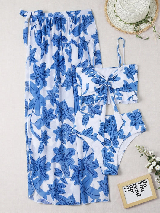 Women's pink floral print two-piece swimsuit with a tie-front crop top, high-waisted triangle bottoms, and matching sheer sarong. - Image 14