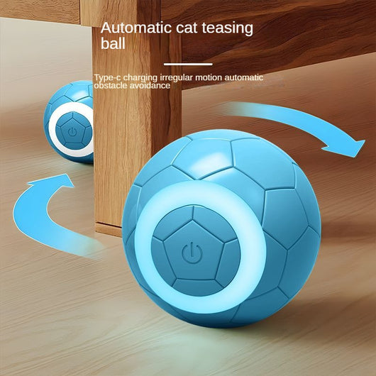 Yellow electric pet toy ball with a soccer ball pattern and a white ring around a central power button. - Image 3