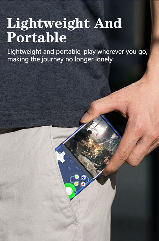 White handheld game console with a 4-inch HD screen, dual joysticks, and various buttons, shown with blue, black, and purple variants. - Image 11