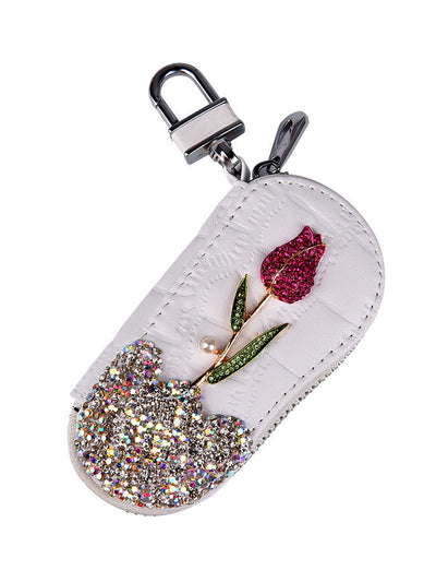 Funda para Llaves del Auto con Diamantes y Rosas - Diseño Femenino Elegante