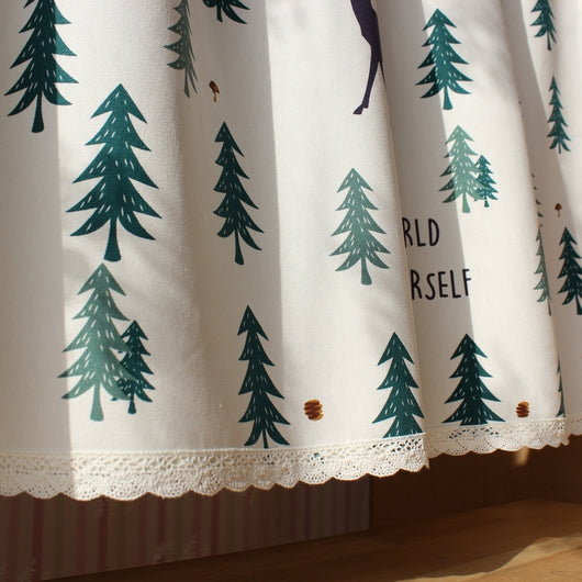 Christmas elk and pine tree short kitchen curtain with tab top and scalloped lace trim, featuring text. - Image 8