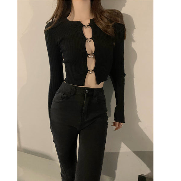 Suéter Tejido Negro Diseño Retro con Temperamento