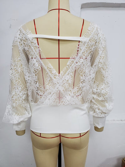 Blusa Elegante de Encaje con Cuello en V y Mangas Largas - Image 16