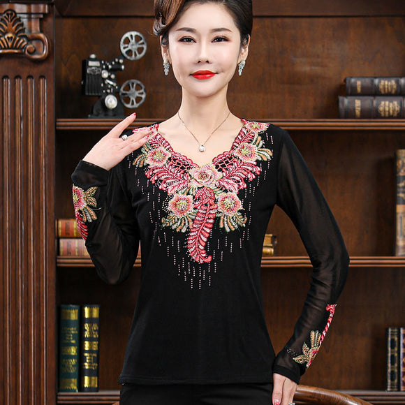 Blusa Bordada Clásica para Mamá - Manga Larga Estilo Occidental Primavera