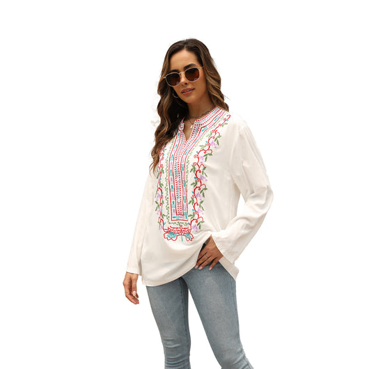 Camisa Bordada Cuello Mao Largo para Mujer