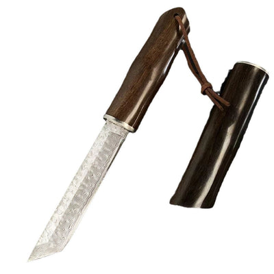 Cuchillo de Acero Damasco con Hoja Forjada, Mango de Sándalo Rojo y Vaina - Ideal para Aventuras al Aire Libre - Image 4