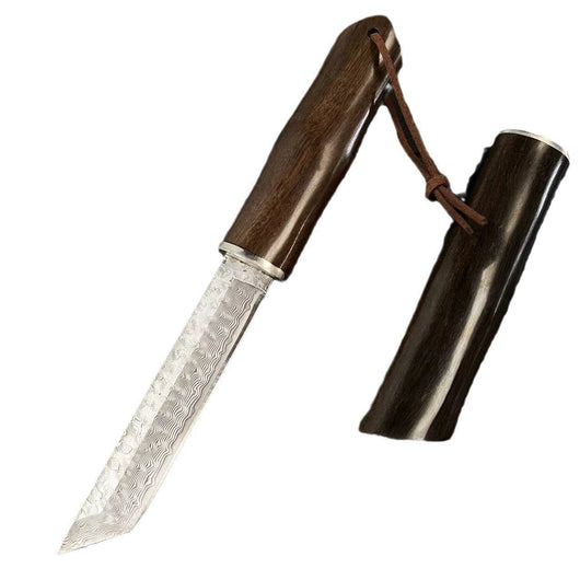 Cuchillo de Acero Damasco con Hoja Forjada, Mango de Sándalo Rojo y Vaina - Ideal para Aventuras al Aire Libre - Image 4