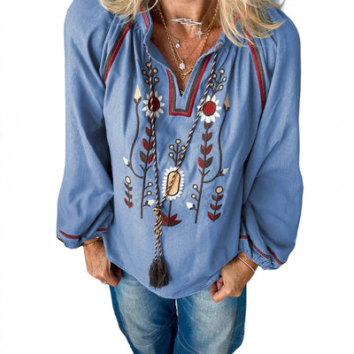 Blusa Casual de Gasa con Cuello Redondo y Bordados para Mujer - Image 5