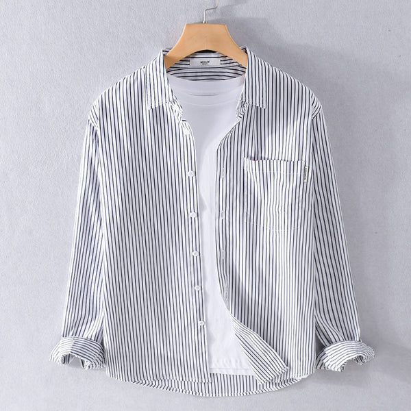 Camisa Casual Hombre a Rayas Azul Otoño Estilo Coreano
