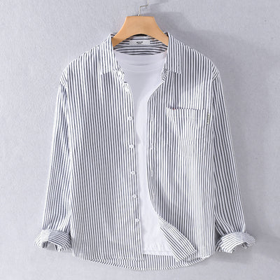 Camisa Casual Hombre a Rayas Azul Otoño Estilo Coreano - Image 2