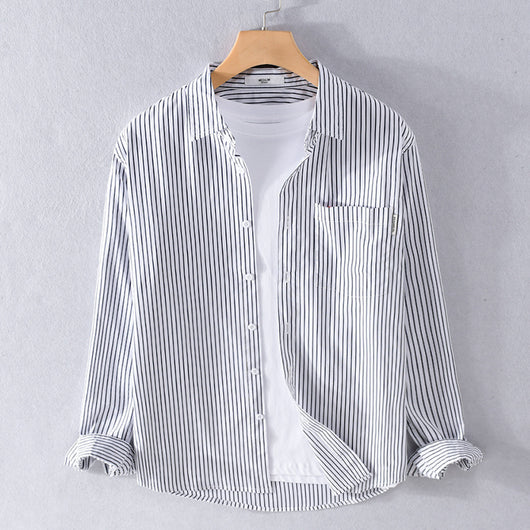 Camisa Casual Hombre a Rayas Azul Otoño Estilo Coreano - Image 2