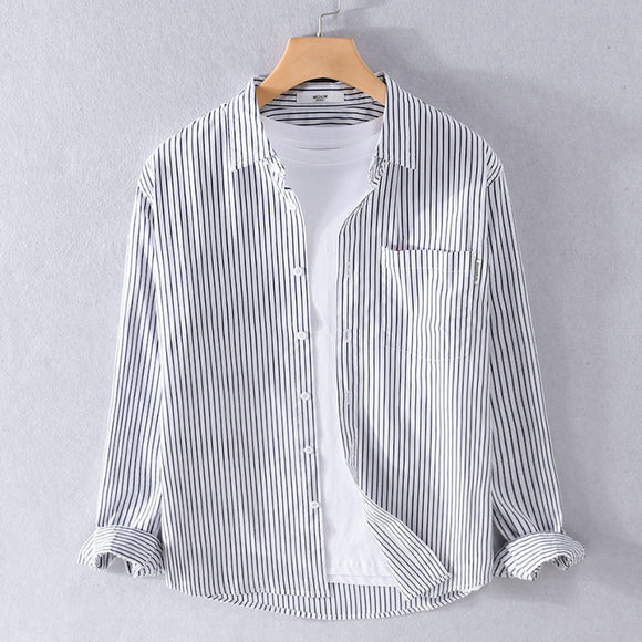 Camisa Casual Hombre a Rayas Azul Otoño Estilo Coreano