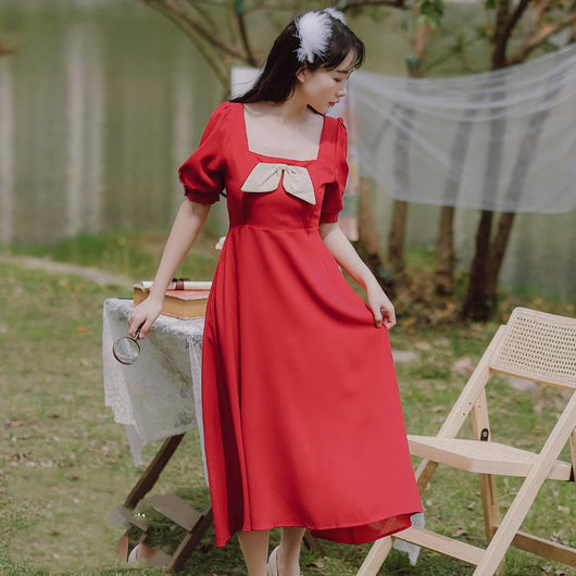 Vestido Retro Francés con Escote Cuadrado y Lazo - Image 2