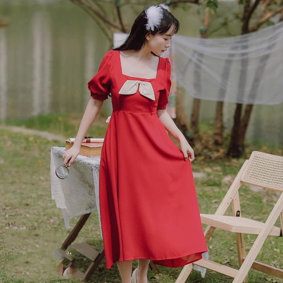 Vestido Retro Francés con Escote Cuadrado y Lazo