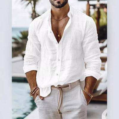 Camisa Casual de Algodón y Lino para Hombre - Manga Larga Color Sólido - Image 2