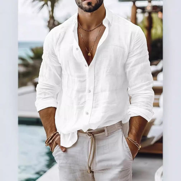Camisa Casual de Algodón y Lino para Hombre - Manga Larga Color Sólido