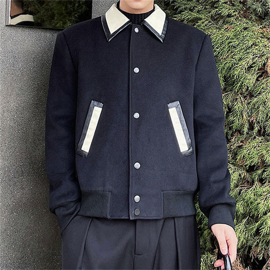 Chaqueta de Lana con Solapas de Cuero Contraste para Hombre - Image 3