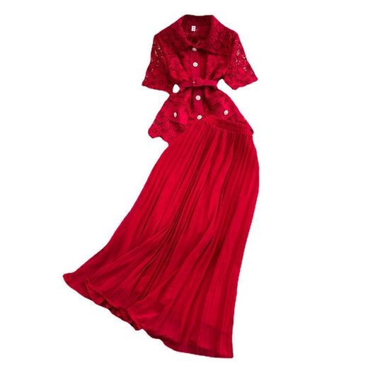 Conjunto Elegante: Blusa Suelta con Encaje y Falda Plisada de Cintura Alta - Image 5