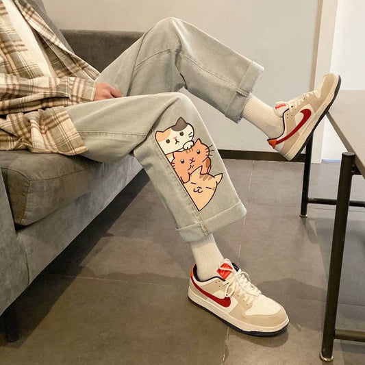 Jeans Rectos Sueltos para Hombre con Estampado Gatito - Image 2