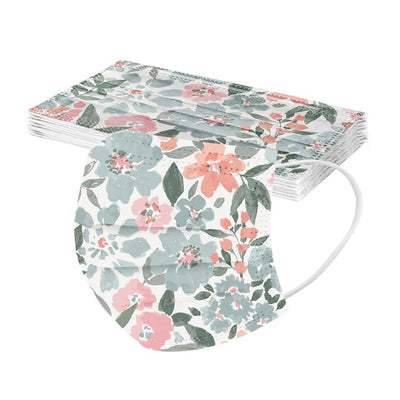 Stack of disposable facial masks with a watercolor floral pattern of red, pink, and orange roses and green leaves. - Image 3