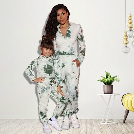 Mother and daughter wearing matching white, green, and blue tie-dye long-sleeved sweater and jogger sets. - Image 3