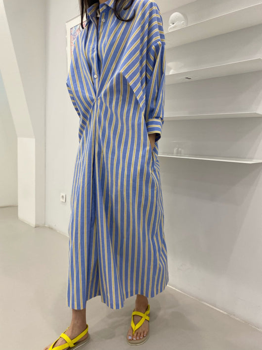 Vestido Camisero Plisado a Rayas Contraste - Manga Larga Holgado - Image 10