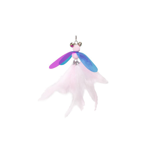 Fluffy pink feather cat toy replacement head with iridescent purple and blue wings, small bells, and a hook. - Image 5