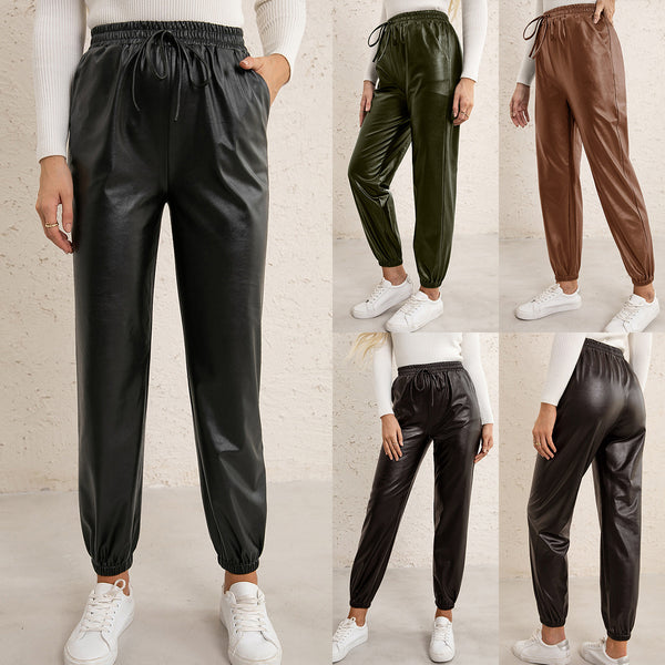 Pantalones de Cuero PU para Mujer con Cintura Elástica Versátil