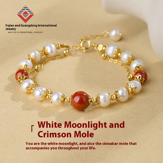 Pulsera Doble Capa de Plata Esterlina con Granate Rojo y Perla de Agua Dulce para Mujer - Image 2