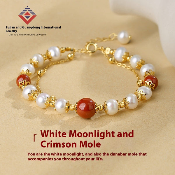Pulsera Doble Capa de Plata Esterlina con Granate Rojo y Perla de Agua Dulce para Mujer
