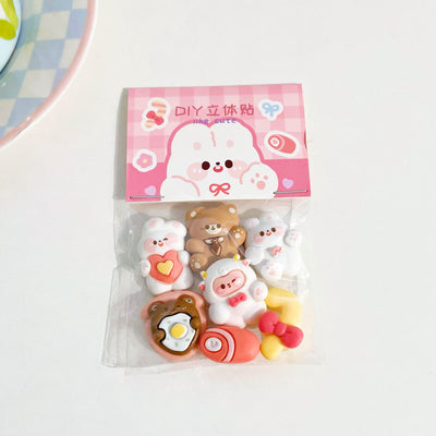 Set of 7 cute 3D resin stickers featuring cartoon characters, an ice cream bar, and a cookie snack. - Image 5