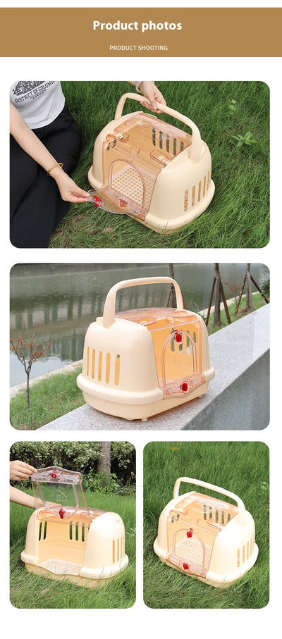 Brown pet carrier with a clear front door, top handle, ventilation slots, and a white urinating pad. - Image 14