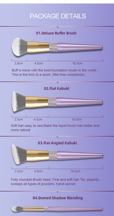 Set de 10 Brochas de Maquillaje Púrpura Lila con Detalles de Diamante - Image 14
