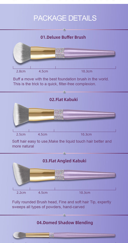 Set de 10 Brochas de Maquillaje Púrpura Lila con Detalles de Diamante - Image 14