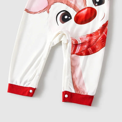 Red and white matching family Christmas pajamas with cartoon reindeer, Christmas trees, and snowman patterns. - Image 19