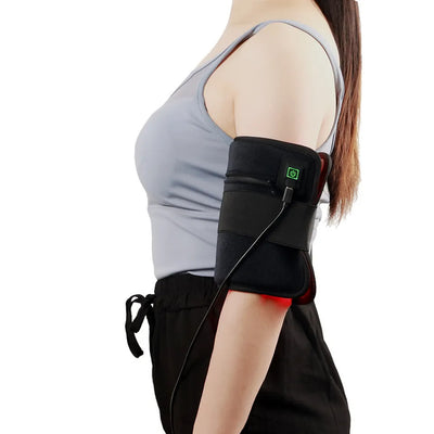 Two red light therapy wristbands with multiple bright LED lights and black adjustable straps, emitting a red glow. - Image 11