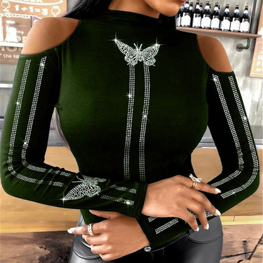 Blusa Strapless Negra con Mangas Largas y Detalles de Mariposas - Image 6