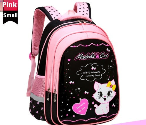 Kids black and pink backpack with a cute white cat print, paired with a matching lunch bag. - Image 12