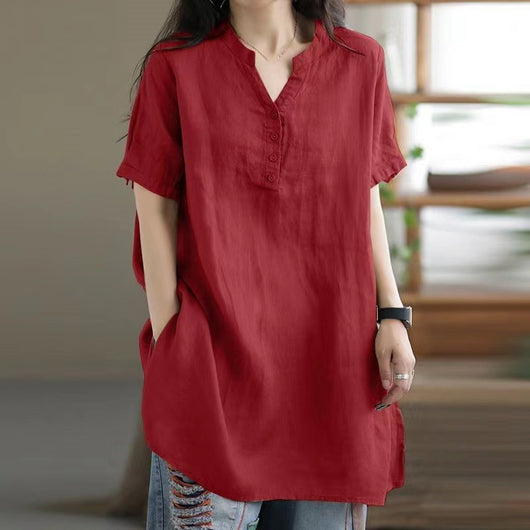 Camiseta Suelta Básica Cuello V Manga Corta para Mujer - Image 19