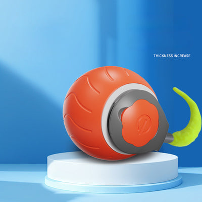 Blue interactive cat toy ball with a lime green tail and a power button, designed for indoor cats. - Image 4