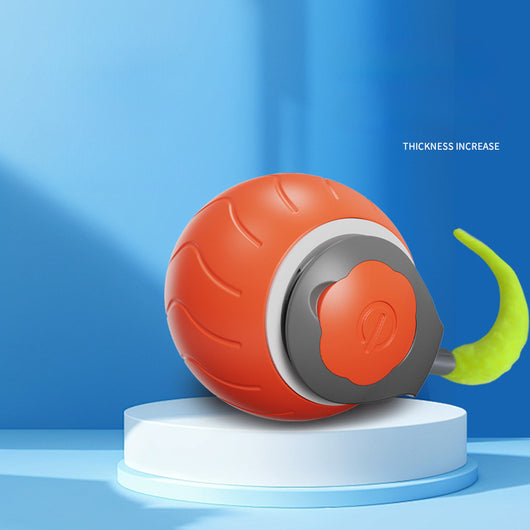 Blue interactive cat toy ball with a lime green tail and a power button, designed for indoor cats. - Image 4